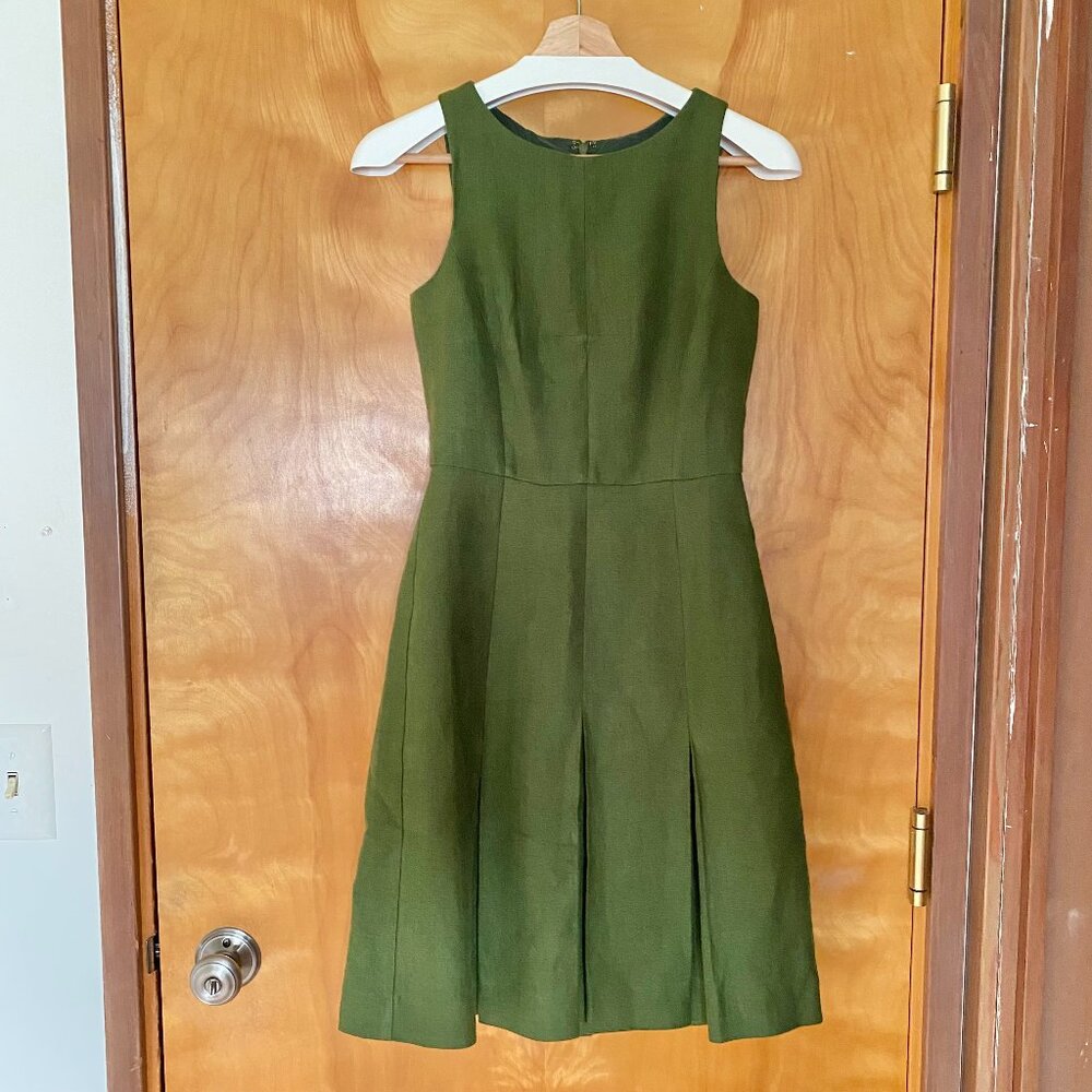 J.Crew Sleeveless Pleated Linen Dress Olive Green Size 00 Lined Knee Length Midi